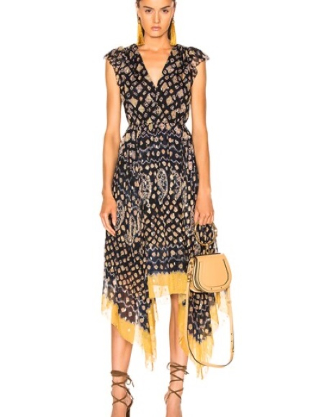 Ulla Johnson Midi Dress Black, Yellowc Metallic Gold Silk — LIKE NEW